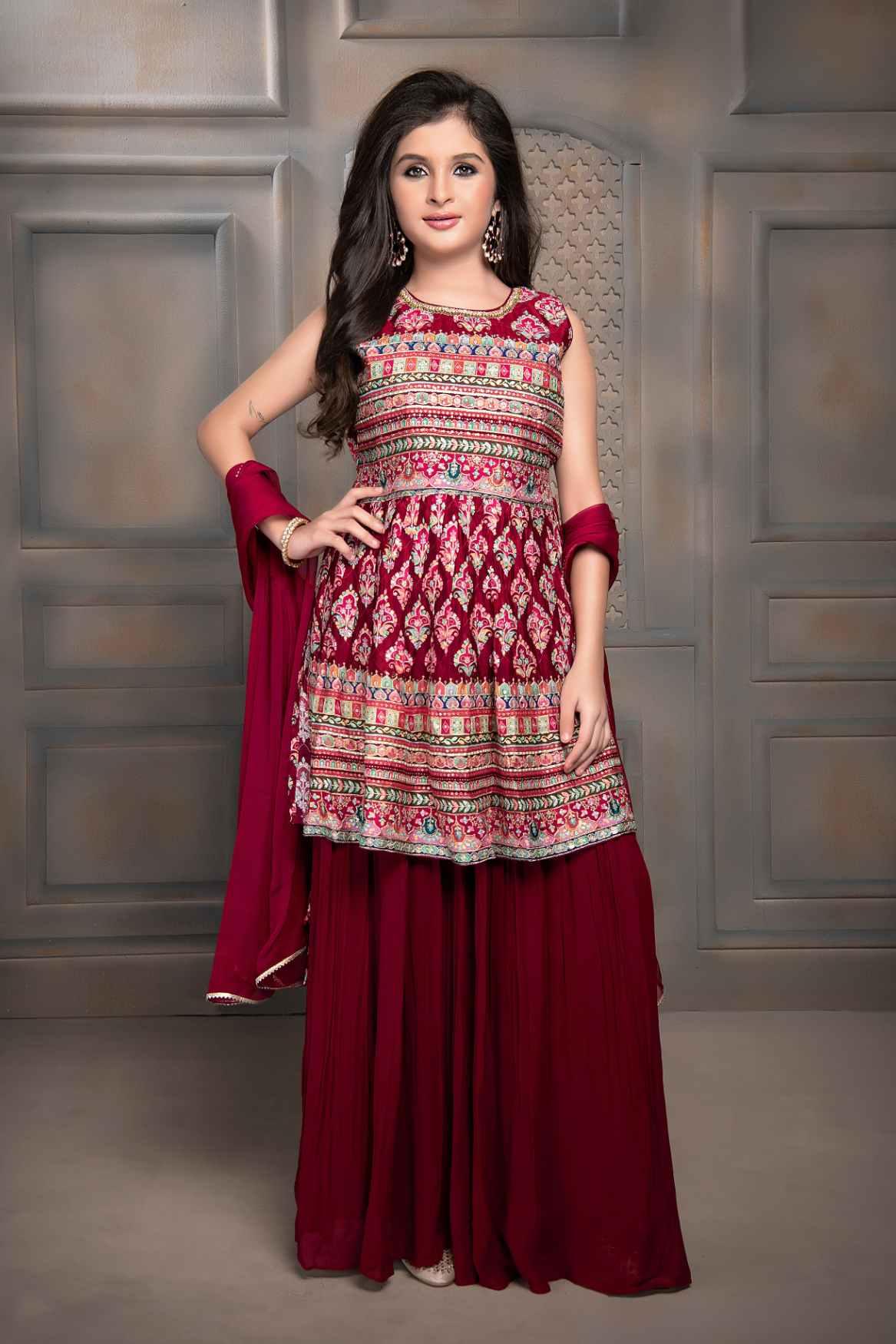 Elegant Maroon Peplum Top Sharara Set With Block Print For Girls - Lagorii Kids
