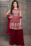 Elegant Maroon Peplum Top Sharara Set With Block Print For Girls - Lagorii Kids