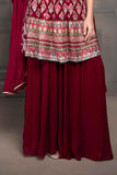 Elegant Maroon Peplum Top Sharara Set With Block Print For Girls - Lagorii Kids