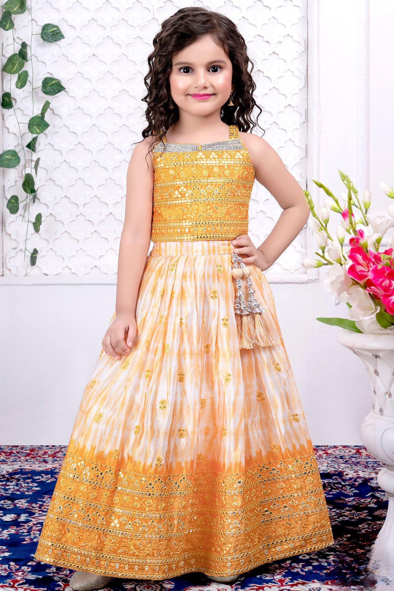 Elegant Mustard Tie And Dye Ghagra-Choli Set With Embroidery For Girls - Lagorii Kids