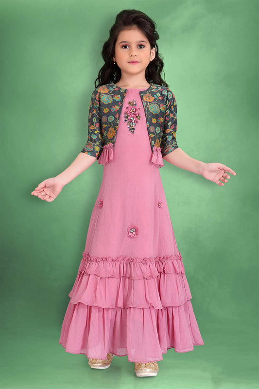 Elegant Onion pink Ethnic Gown with Stylish Printed Overcoat. - Lagorii Kids