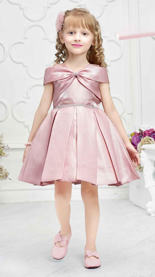 Elegant Peach Satin Frock With Bow Style Neckline For Girls - Lagorii Kids