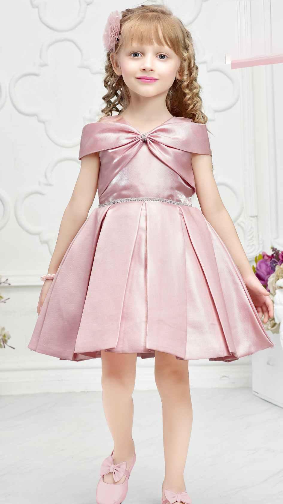 Elegant Peach Satin Frock With Bow Style Neckline For Girls - Lagorii Kids