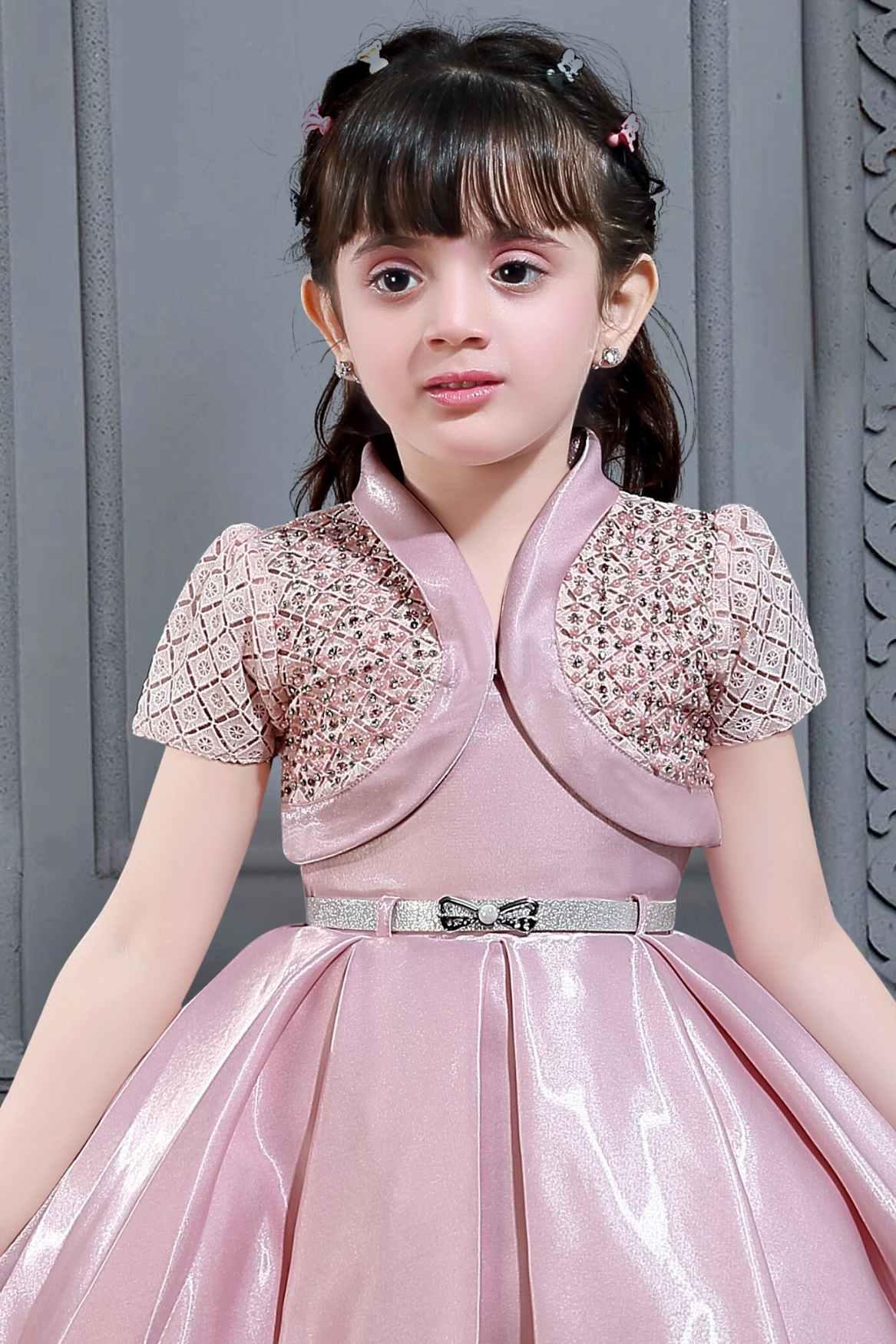 Elegant Peach Satin Party Frock With Silver Belt For Girls - Lagorii Kids