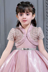 Elegant Peach Satin Party Frock With Silver Belt For Girls - Lagorii Kids