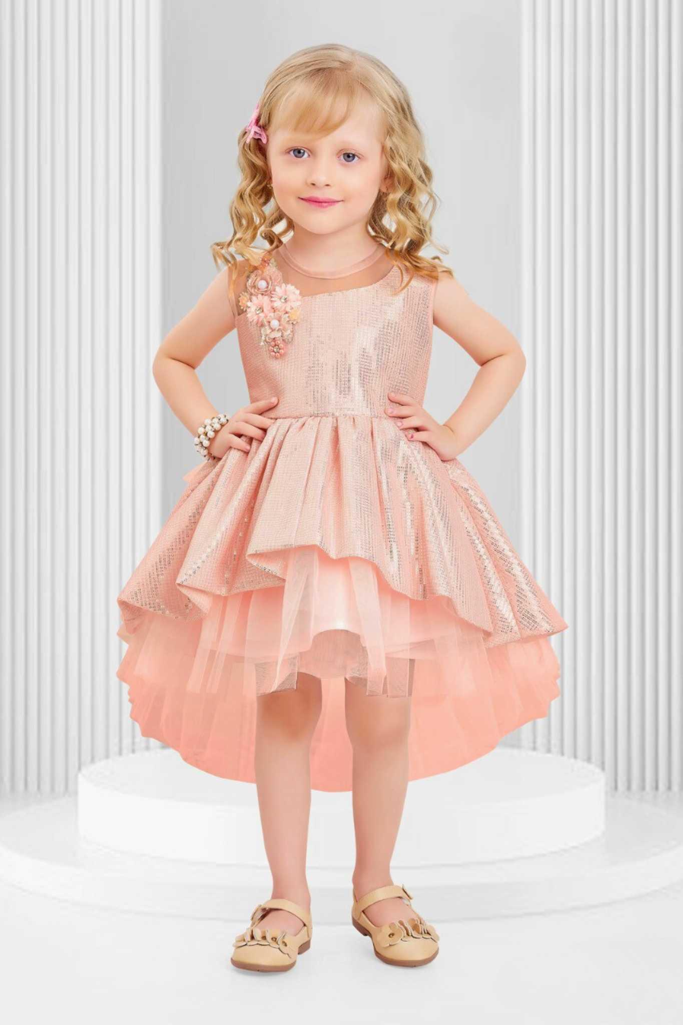 Elegant Peach Sequin Frock With Floral Embellishments For Girls - Lagorii Kids