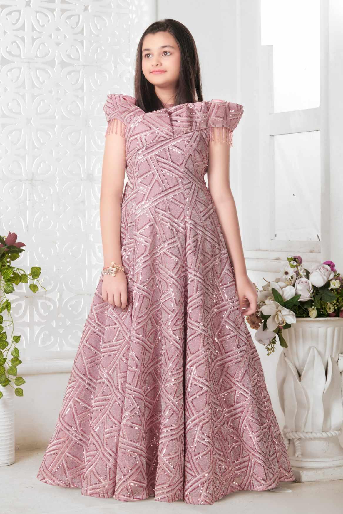 Elegant Pink Embossed Satin Gown With Sequin Work For Girls - Lagorii Kids