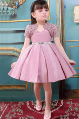 Elegant Pink Sequin Satin Party Frock With Silver Belt For Girls - Lagorii Kids