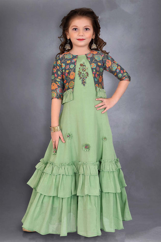 Elegant Pista Green Ethnic Gown with Stylish Printed Overcoat. - Lagorii Kids