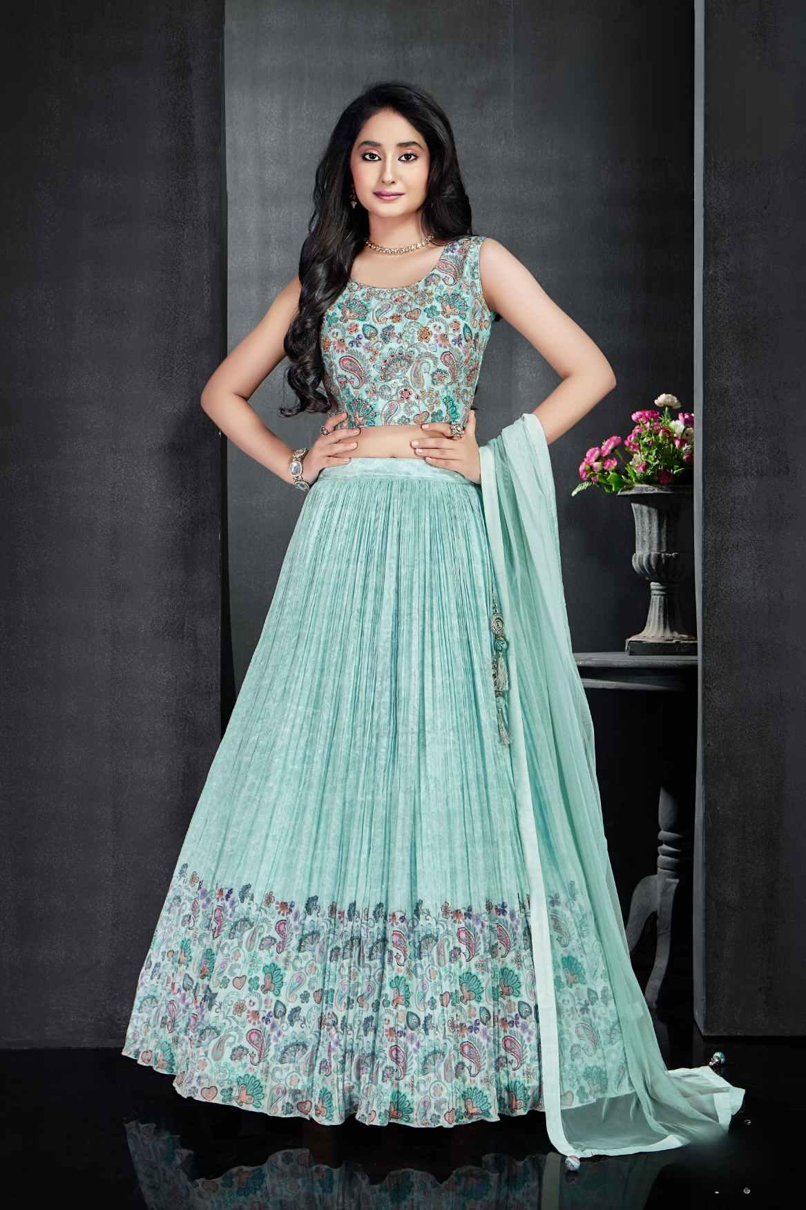 Elegant Printed Sky Blue Lehenga Choli For Girls - Lagorii Kids