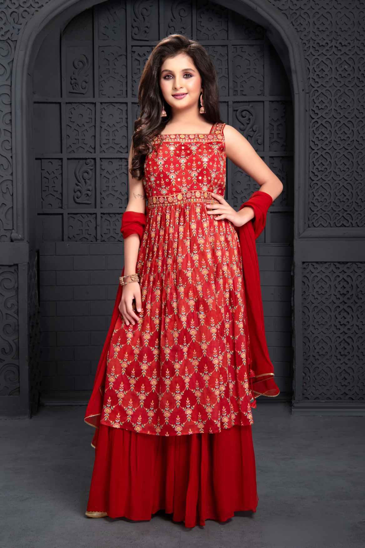 Elegant Red Peplum Top Sharara Set With Block Print For Girls - Lagorii Kids
