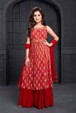 Elegant Red Peplum Top Sharara Set With Block Print For Girls - Lagorii Kids