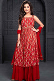 Elegant Red Peplum Top Sharara Set With Block Print For Girls - Lagorii Kids