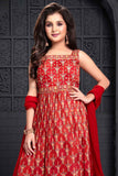 Elegant Red Peplum Top Sharara Set With Block Print For Girls - Lagorii Kids