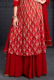 Elegant Red Peplum Top Sharara Set With Block Print For Girls - Lagorii Kids