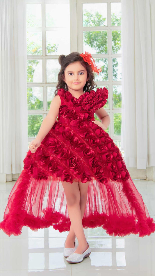 Elegant Red Tailback Frock With Rose Embellishments For Girls - Lagorii Kids