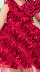 Elegant Red Tailback Frock With Rose Embellishments For Girls - Lagorii Kids