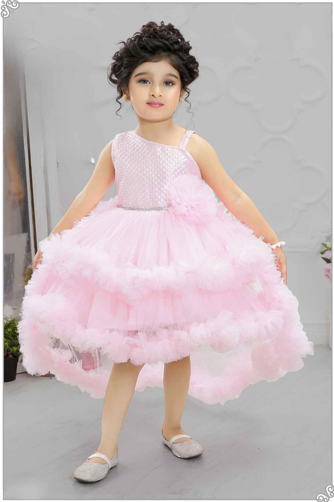 Elegant Shimmer Pink Net Tailback Ruffle Frock For Girls - Lagorii Kids