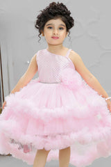 Elegant Shimmer Pink Net Tailback Ruffle Frock For Girls - Lagorii Kids