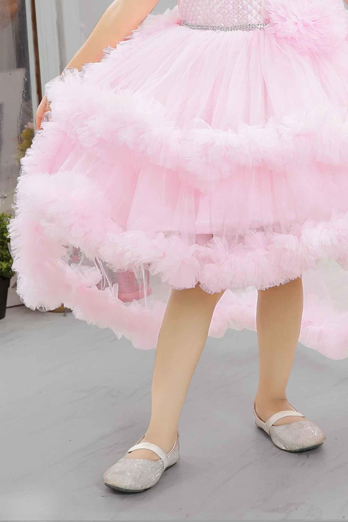 Elegant Shimmer Pink Net Tailback Ruffle Frock For Girls - Lagorii Kids