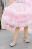 Elegant Shimmer Pink Net Tailback Ruffle Frock For Girls - Lagorii Kids