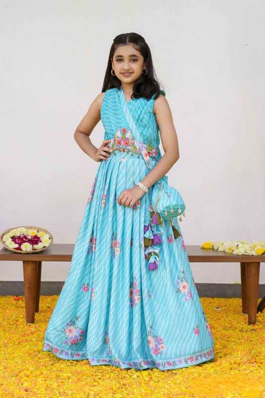 Elegant Sky Blue & White Embroidered Ghagra-Choli Set With Sling Potli Bag For Girls - Lagorii Kids
