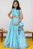 Elegant Sky Blue & White Embroidered Ghagra-Choli Set With Sling Potli Bag For Girls - Lagorii Kids