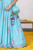 Elegant Sky Blue & White Embroidered Ghagra-Choli Set With Sling Potli Bag For Girls - Lagorii Kids