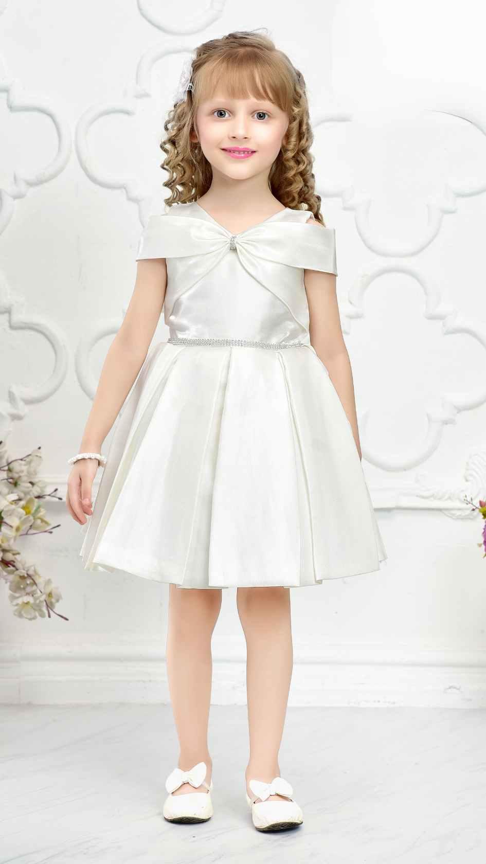 Elegant White Satin Frock With Bow Style Neckline For Girls - Lagorii Kids