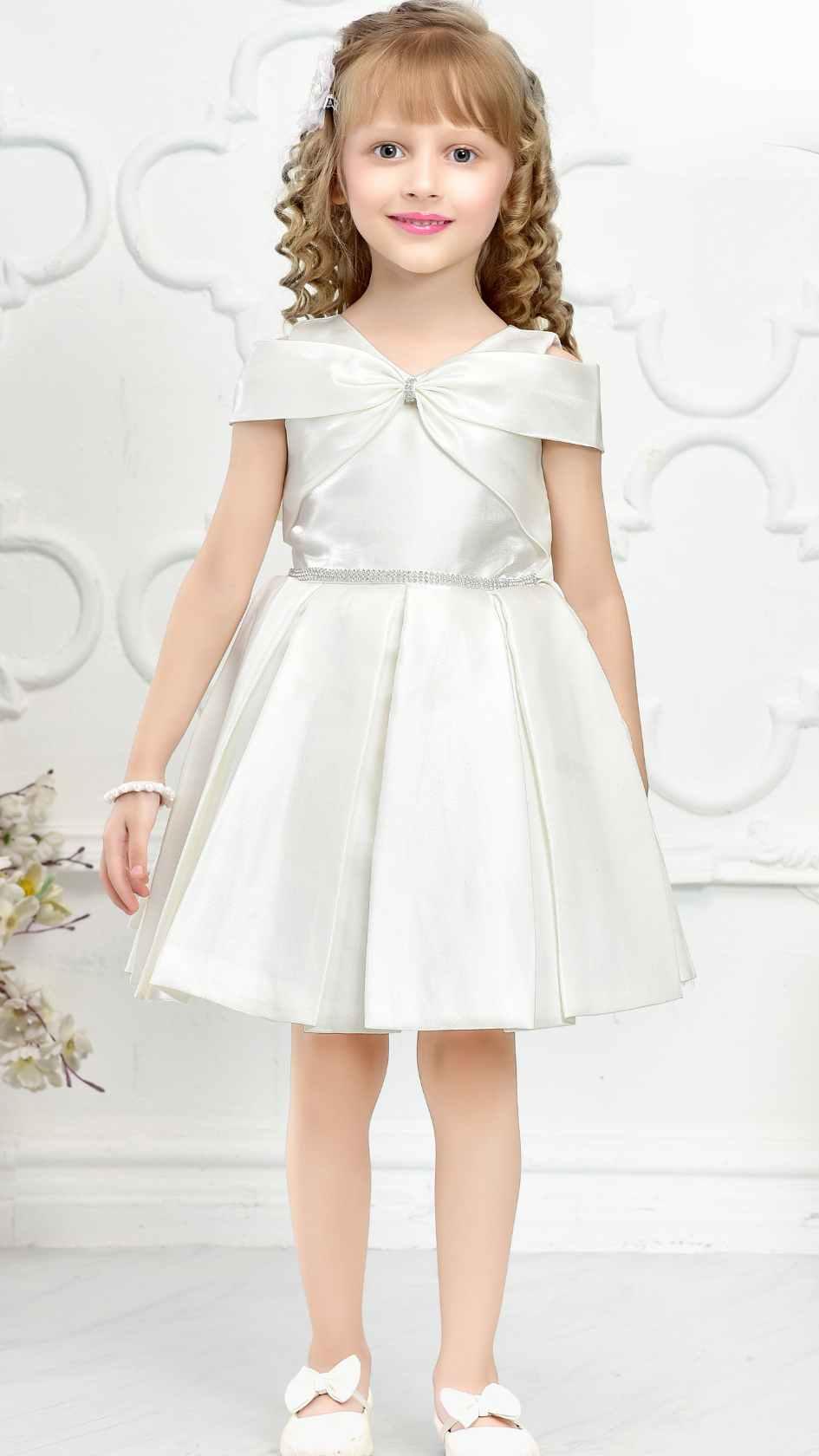 Elegant White Satin Frock With Bow Style Neckline For Girls - Lagorii Kids