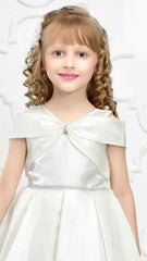 Elegant White Satin Frock With Bow Style Neckline For Girls - Lagorii Kids