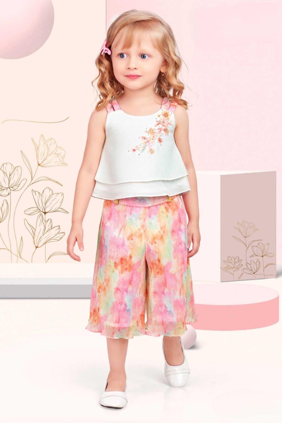 Elegant White Top With Multicolour Tie And Dye Pant Set For Girls - Lagorii Kids