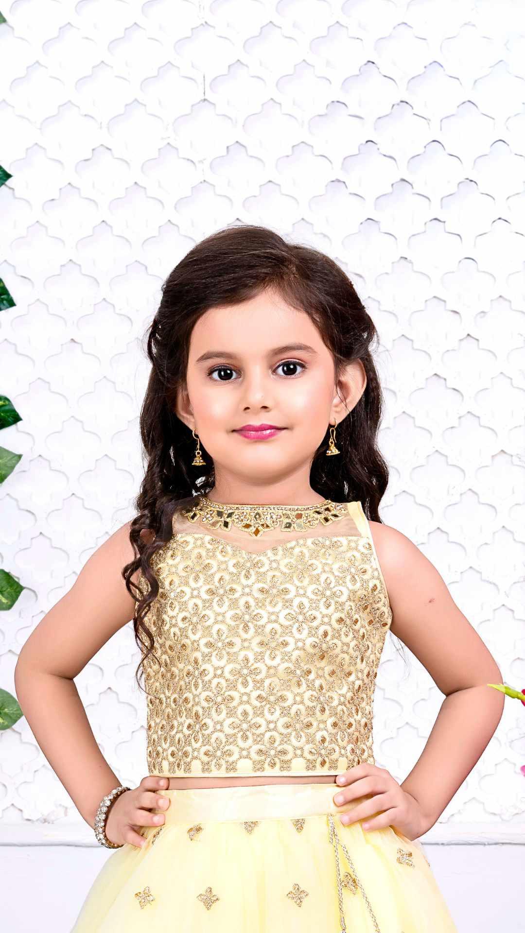 Elegant Cream Ghagra-Choli Set With Gold Embroidery For Girls - Lagorii Kids