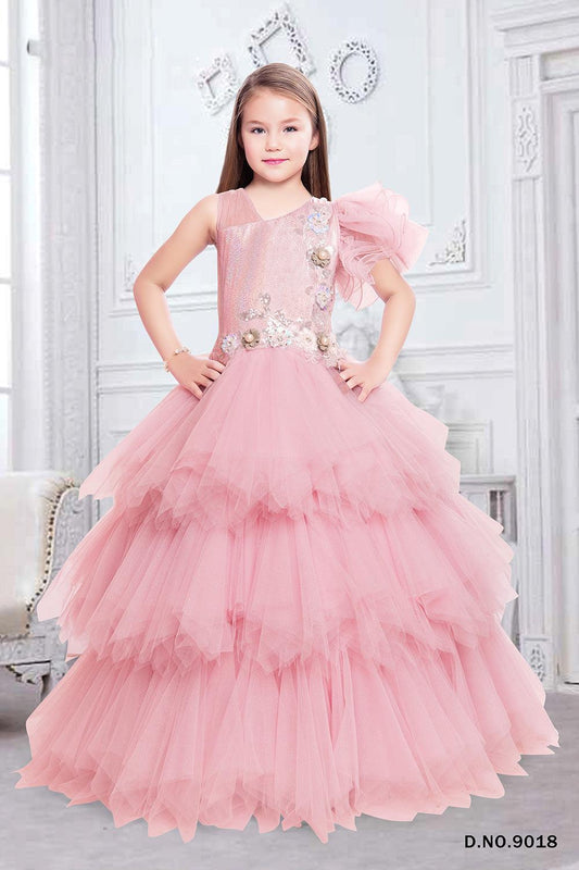 Enchanting Blossom: Baby Pink 3-Step Layered Gown for Little Princesses. - Lagorii Kids