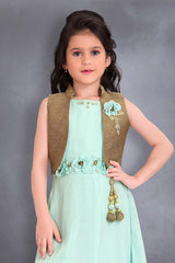 Enchanting Distemper Green Ethnic Gown with Golden Short Overcoat - Lagorii Kids