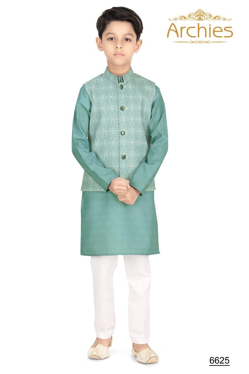 Enchanting Emerald: Pale Green Nehru Jacket Kurta Set for Boys. - Lagorii Kids