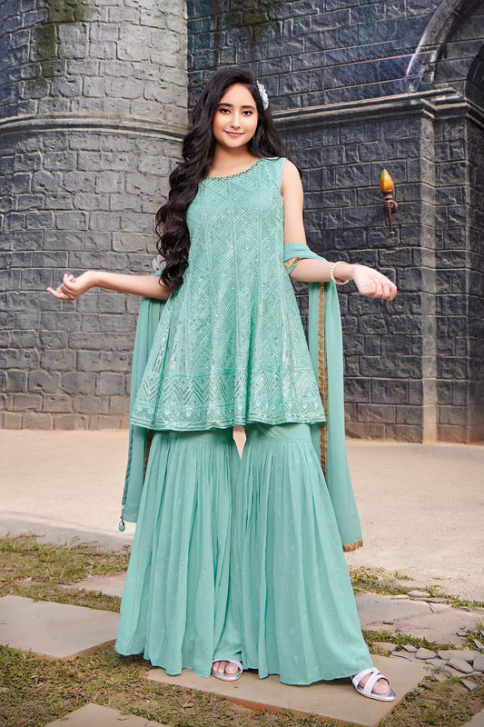 Excluisve Pista green pure georgette Sharara Set with intricate work for girls. - Lagorii Kids