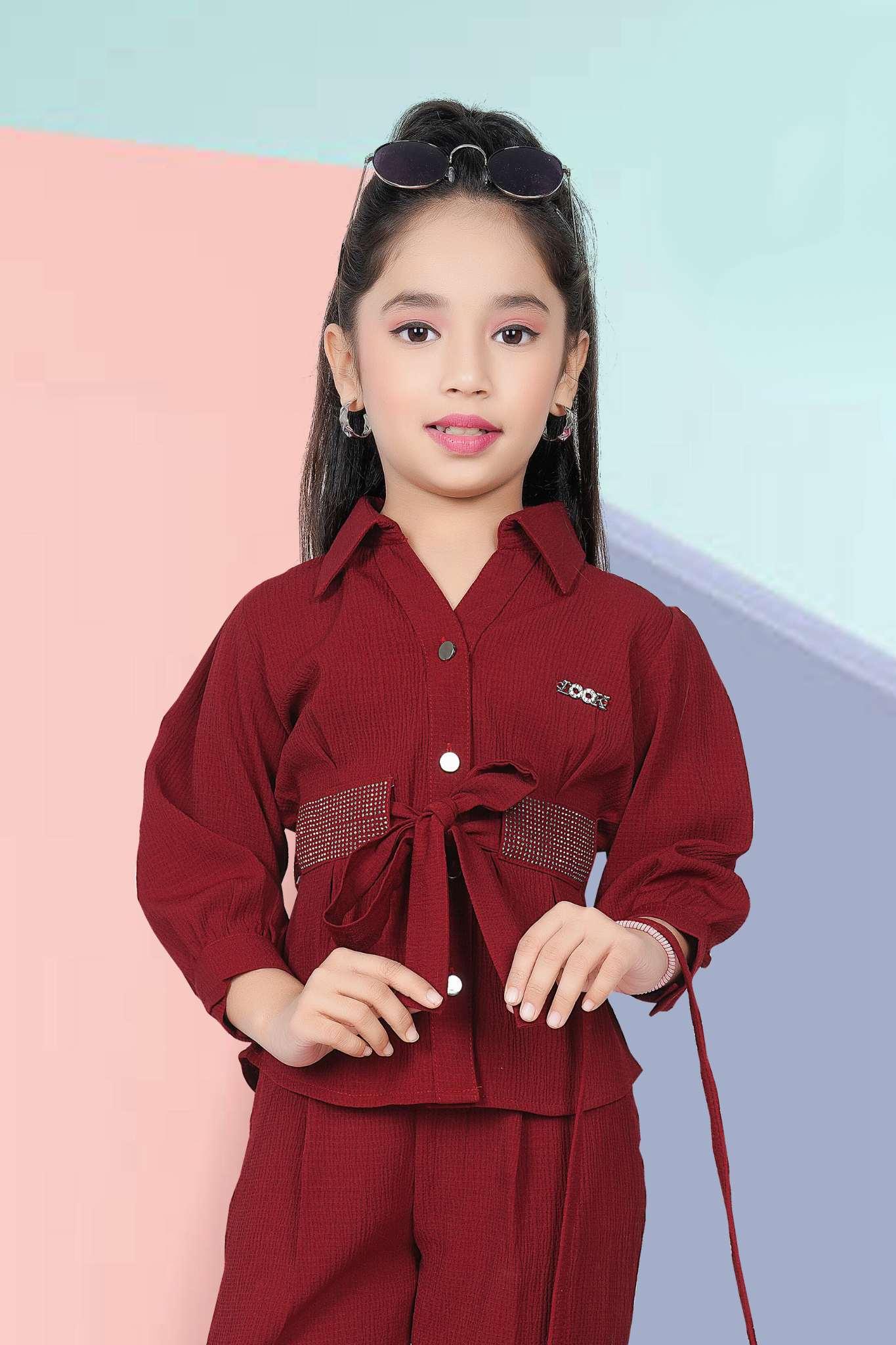 Fancy Maroon Casual Co-ord Set For Girls - Lagorii Kids