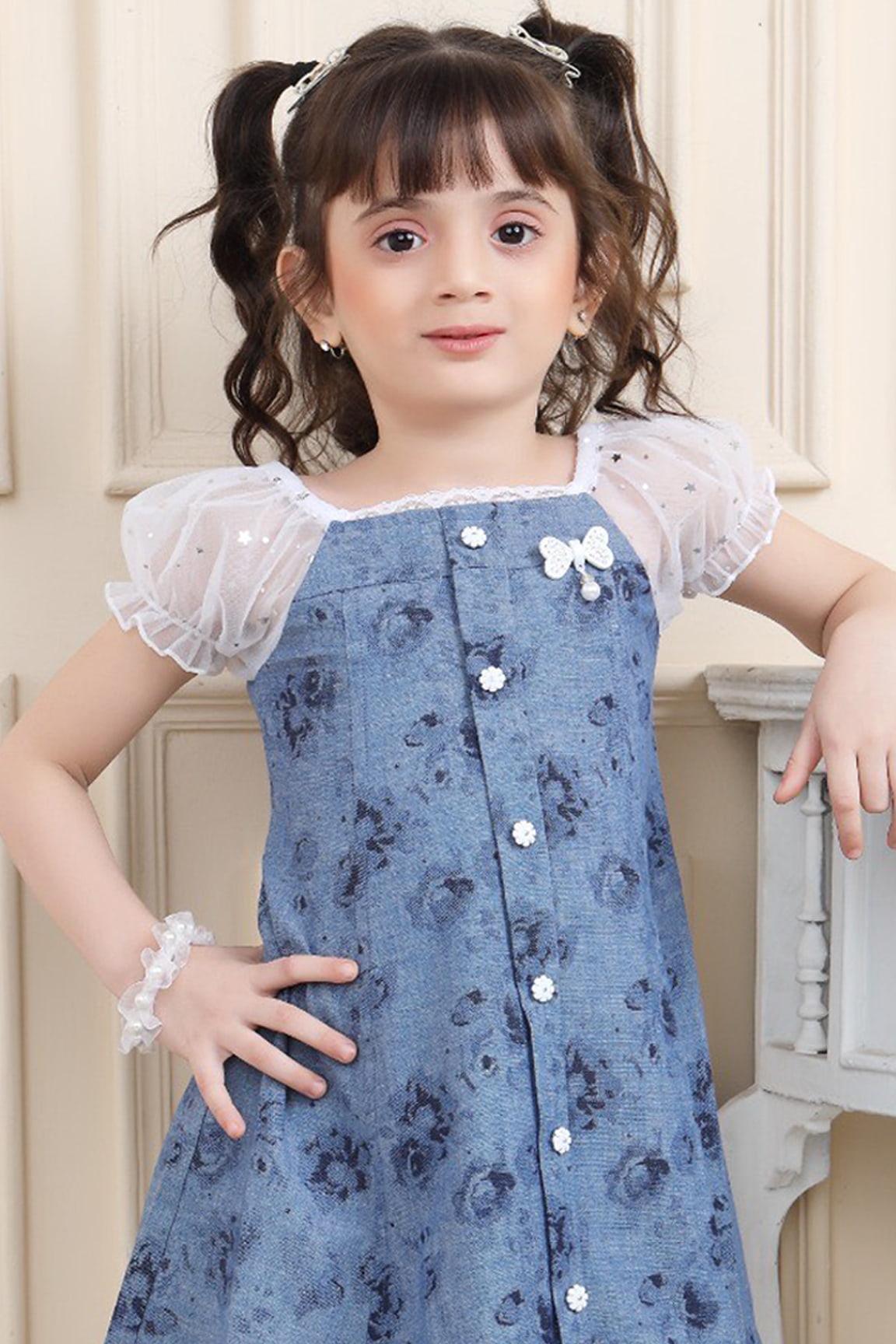 Fancy Printed Denim Dress With Puffed Sleeves For Girls - Lagorii Kids