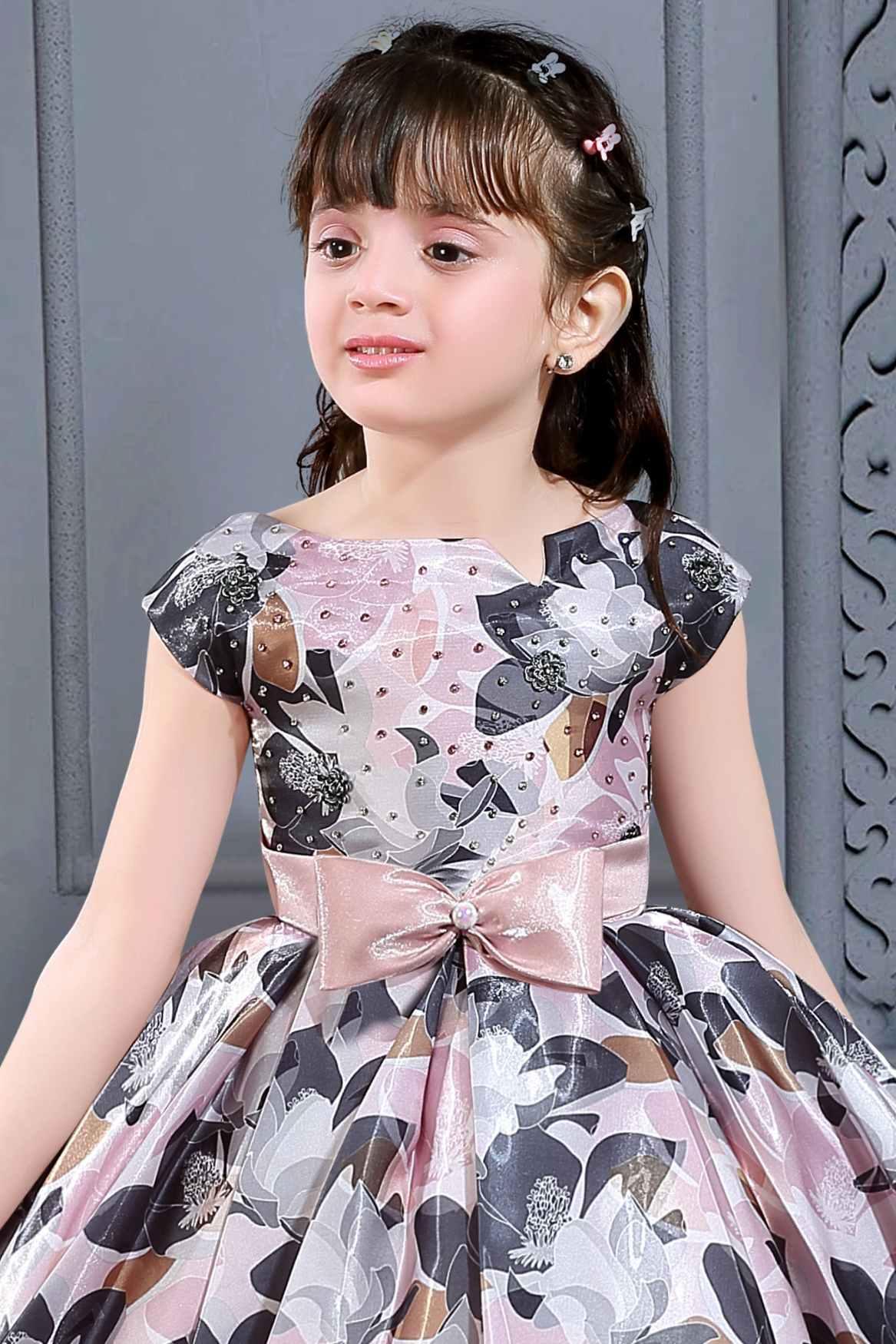 Floral Printed Black And Pink Satin Partywear Frock For Girls - Lagorii Kids