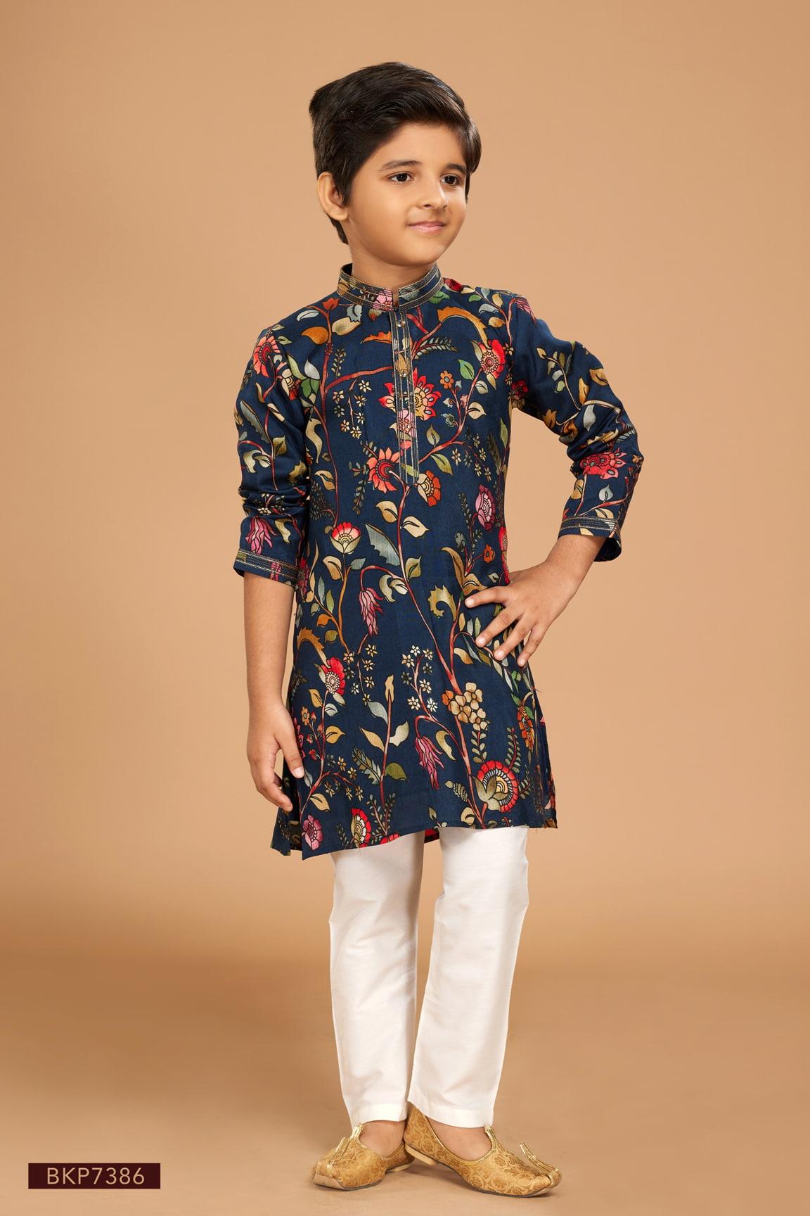 Floral Printed Blue Kurta Set For Boys - Lagorii Kids