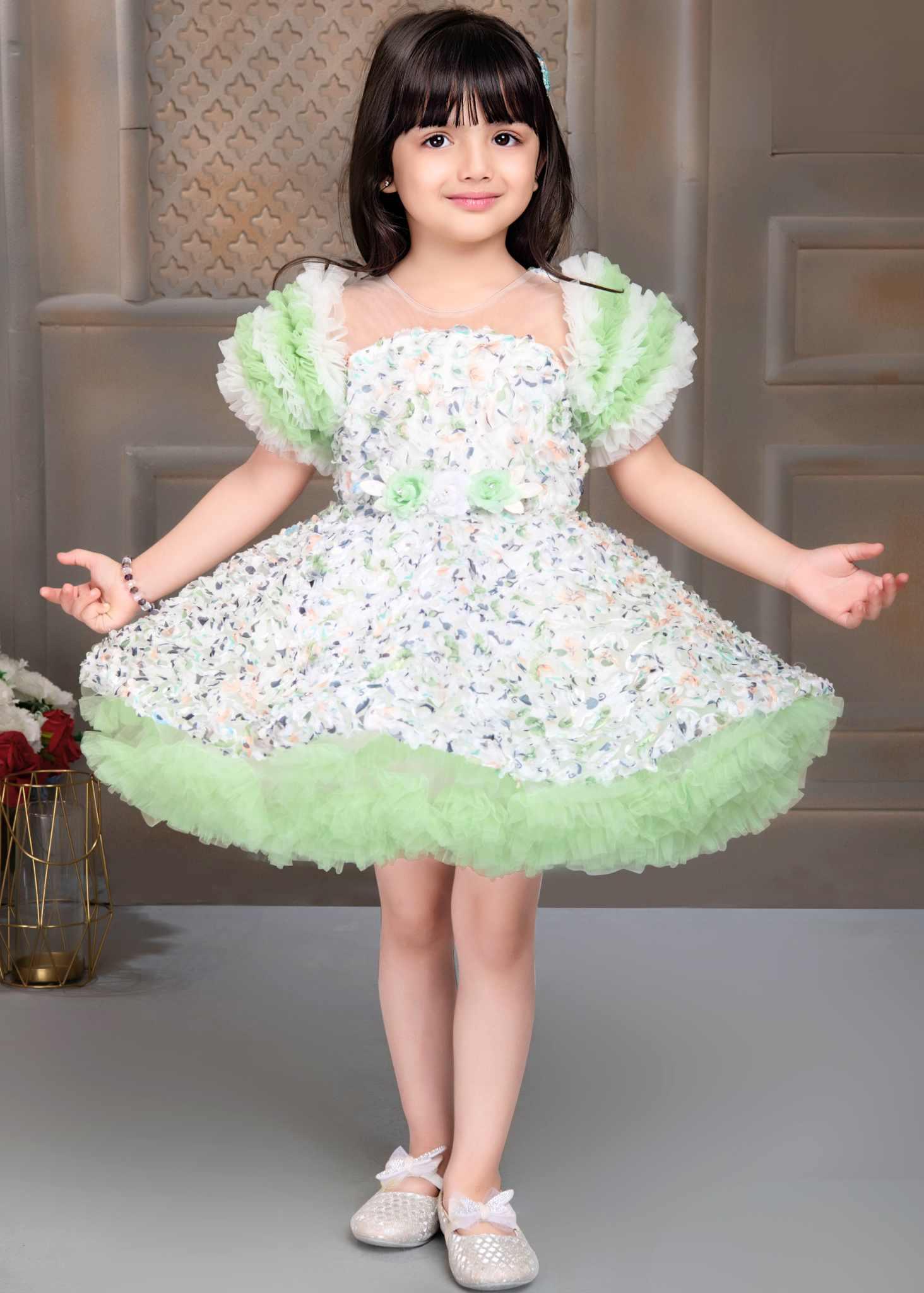 Floral Printed Bushy Net Green Frock With Ruffled Net Sleeves For Girls - Lagorii Kids