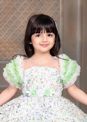 Floral Printed Bushy Net Green Frock With Ruffled Net Sleeves For Girls - Lagorii Kids