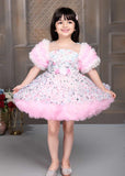 Floral Printed Bushy Net Pink Frock With Ruffled Net Sleeves For Girls - Lagorii Kids