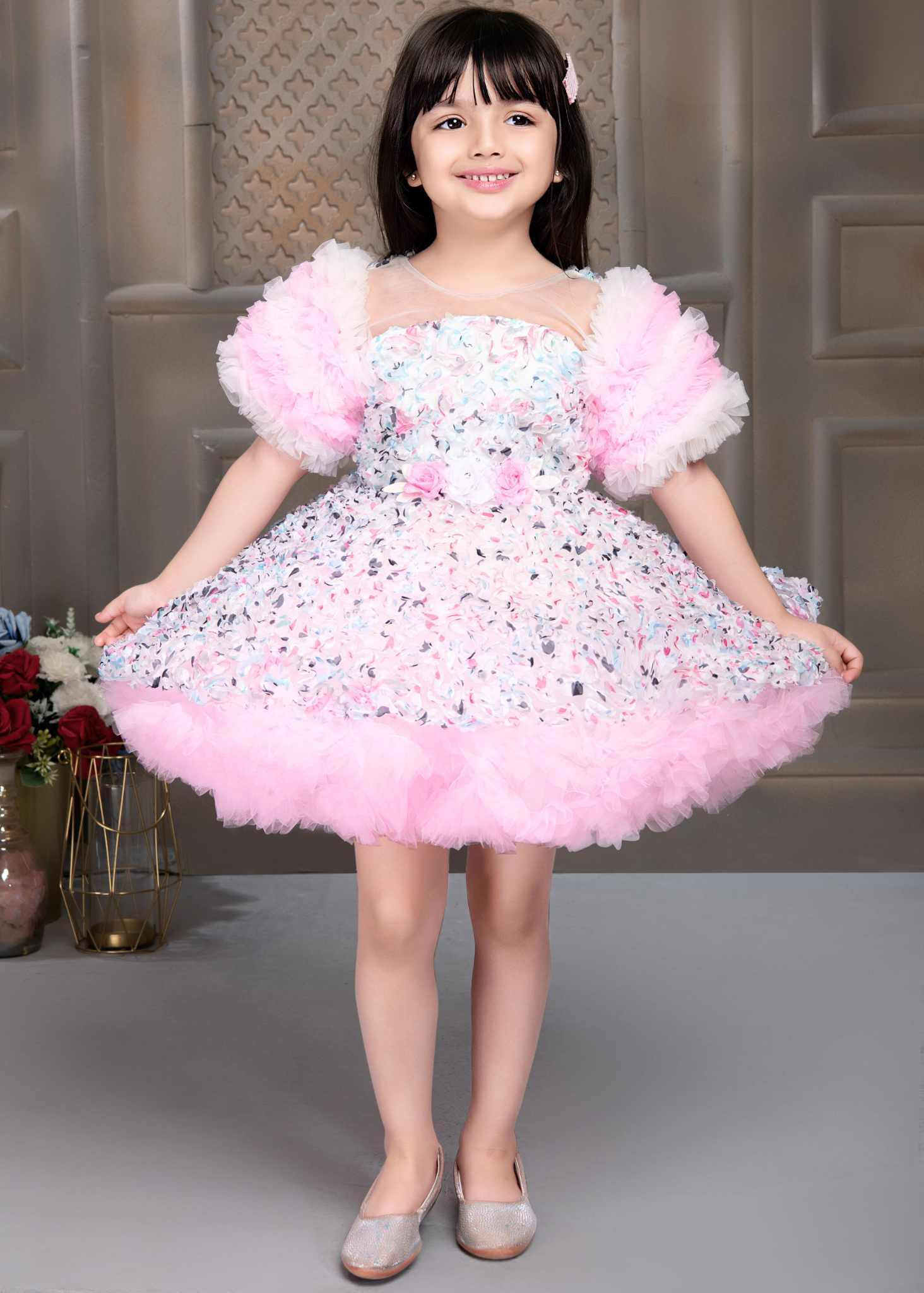 Floral Printed Bushy Net Pink Frock With Ruffled Net Sleeves For Girls - Lagorii Kids
