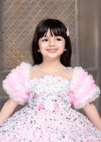 Floral Printed Bushy Net Pink Frock With Ruffled Net Sleeves For Girls - Lagorii Kids