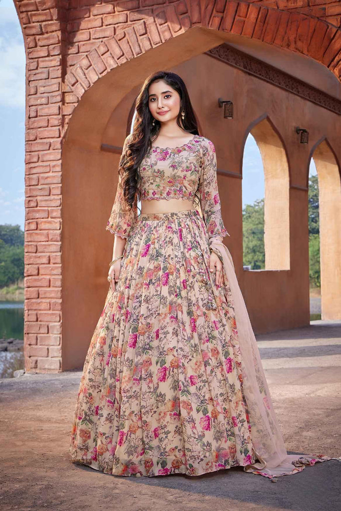 Floral Printed Cream Lehenga Choli With Full Sleeves For Girls Lagorii Kids