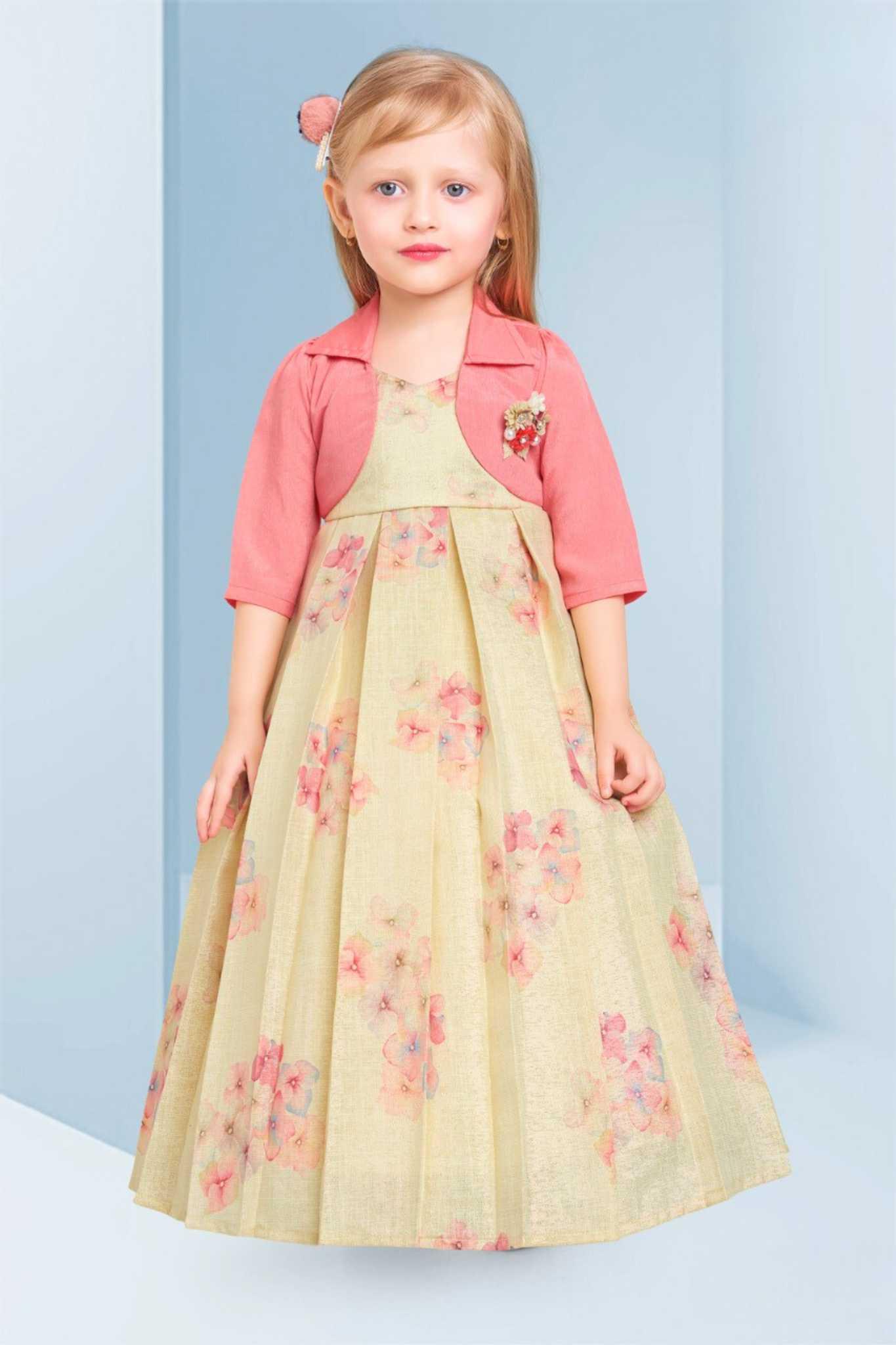 Floral Printed Pale Yellow Gown With Pink Coat For Girls - Lagorii Kids