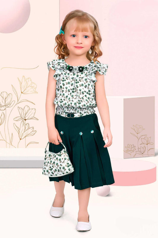 Floral Printed White Top With Green Pleated Skirt For Girls - Lagorii Kids