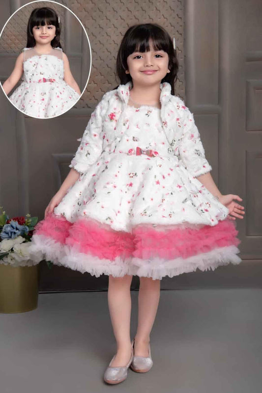 Floral White Multilayer Frill Party Wear Frock For Girls - Lagorii Kids